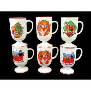 Set of 6 Christmas Holiday Pedestal Footed Coffee Cups Mugs Crafted in Japan